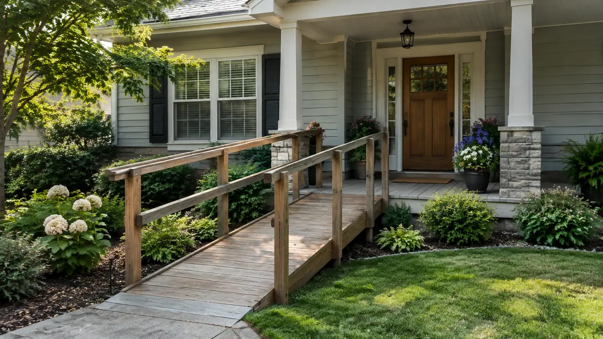 Aging in place and family caregiving statistics Home entrance with a wooden ramp leading to a covered porch, illustrating statistics on aging in place and family caregiving