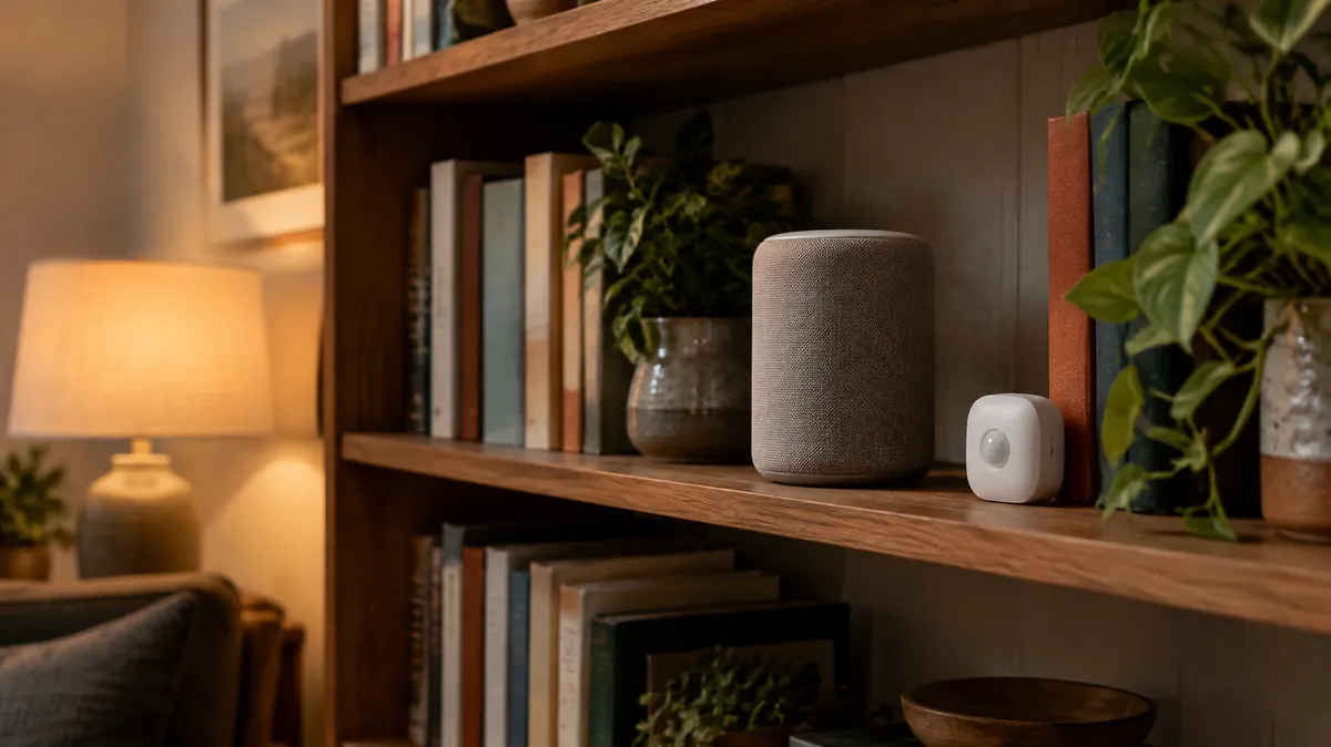 AI technology for aging in place Smart speaker and motion sensor on a living room bookshelf, illustrating questions to ask before buying AI technology for aging in place
