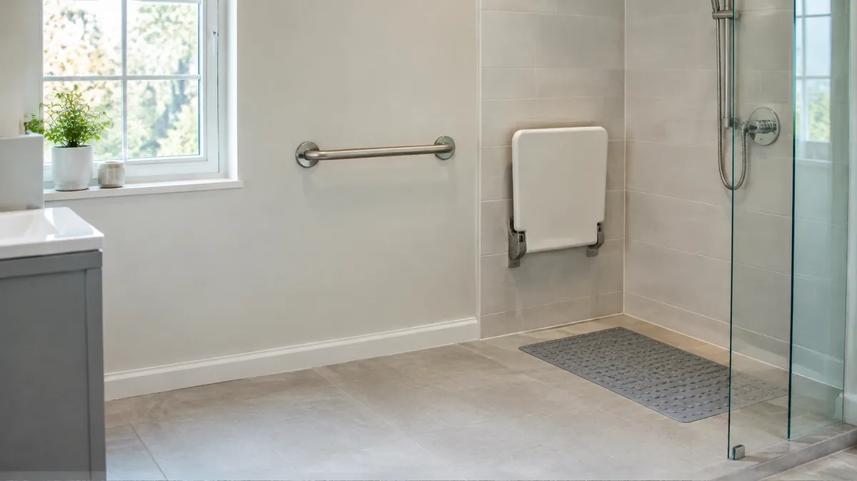 Bathroom safety checklist Bathroom with a grab bar, a fold-down shower seat and a clear floor, illustrating a bathroom safety checklist for aging parents