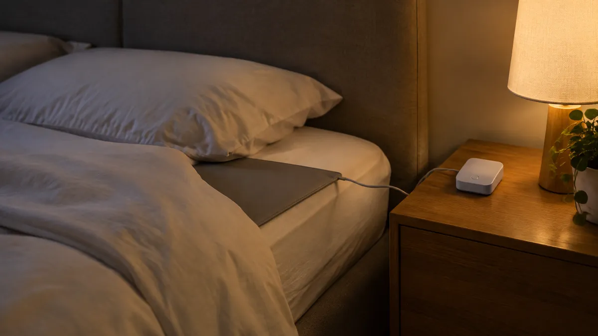 Bed alarms for elderly Bedroom at night with a pressure sensor pad on the mattress and a wireless receiver on the bedside table, illustrating a guide to bed alarms for elderly parents