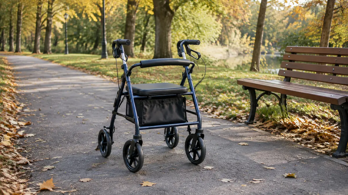 Best rollators for seniors Four-wheeled rollator on a paved park path beside a bench in autumn light, illustrating a guide to the best rollators for seniors