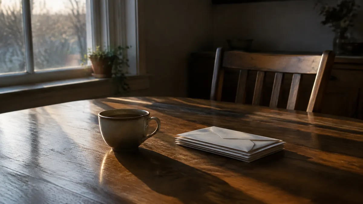 Cup of cold tea beside a stack of unopened envelopes at a kitchen table, illustrating a guide to caregiver burnout signs