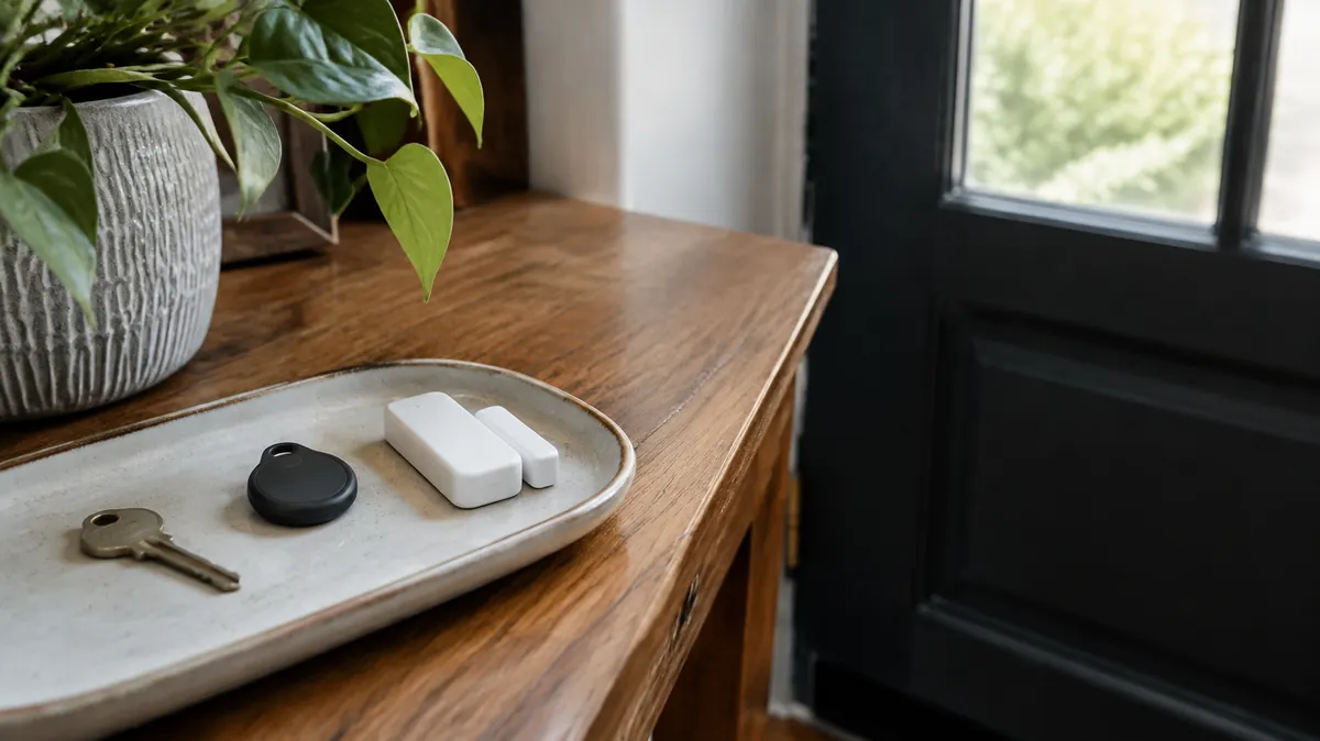 Dementia monitoring devices compared GPS tracker and a door sensor on a tray beside a house key, illustrating a guide to dementia monitoring devices
