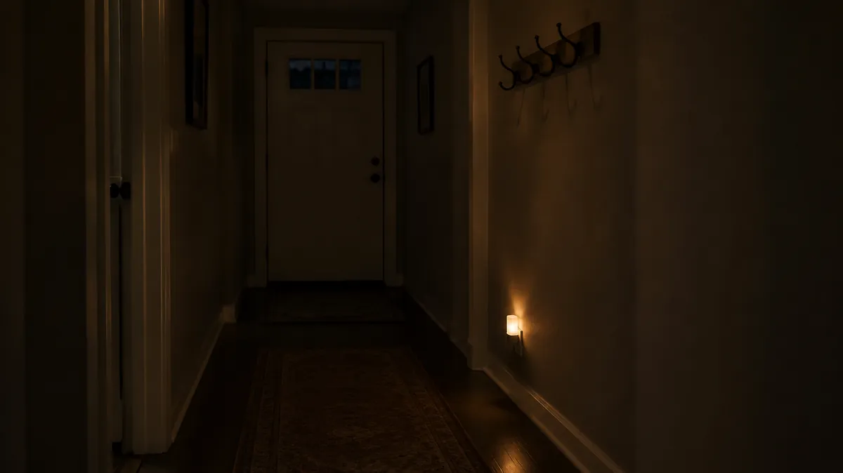 A dim home hallway at night lit by a small plug-in night light, with a closed front door at the end, the setting for dementia wandering at night