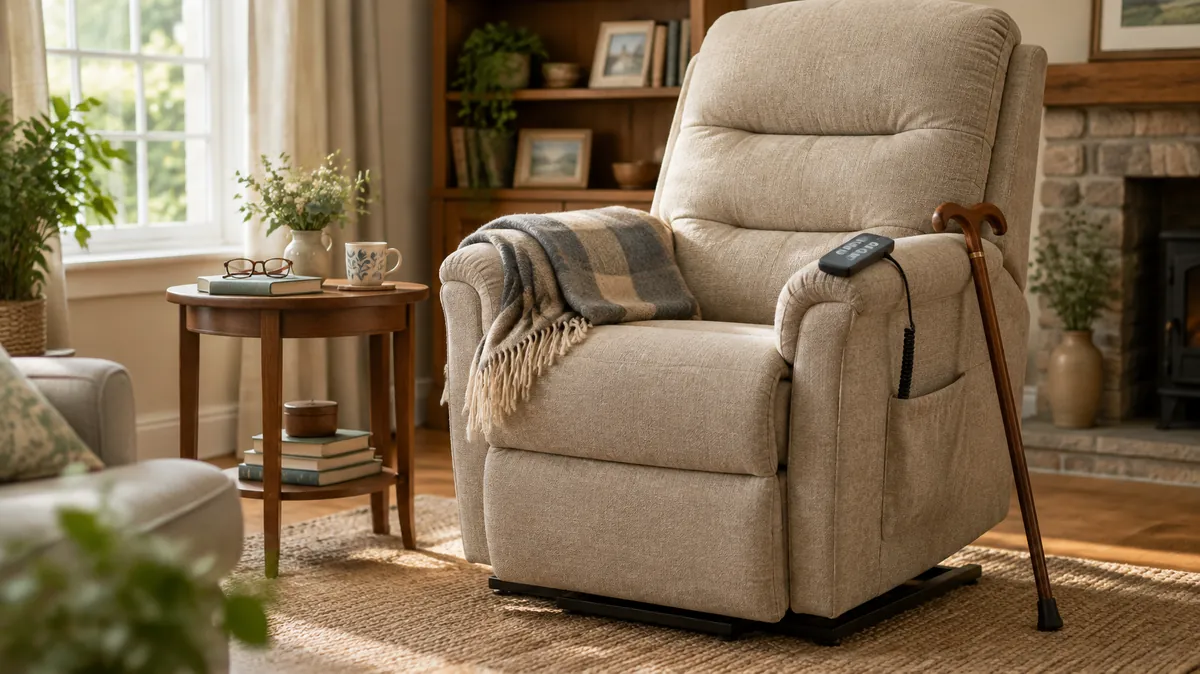 Does Medicare cover lift chairs A beige lift recliner with a hand control on its arm, a folded blanket and a wooden cane beside it, for a guide to Medicare coverage of lift chairs