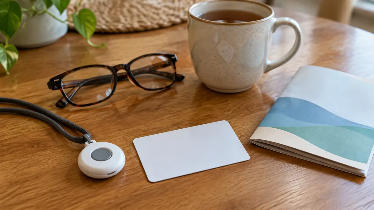 Does Medicare cover medical alert systems A medical alert pendant on a cord beside a blank card, a plan booklet, reading glasses and tea, for a guide to Medicare coverage of medical alert systems