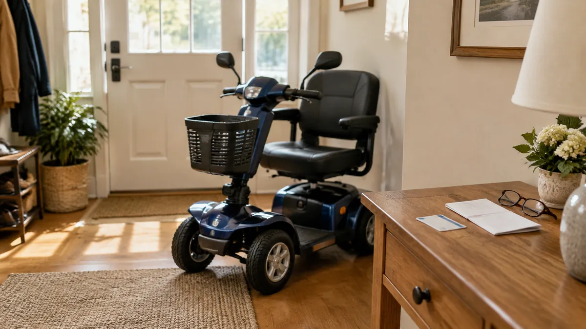 Does Medicare cover mobility scooters A compact mobility scooter by the front door and a side table with an insurance card and glasses, for a guide to Medicare coverage of mobility scooters