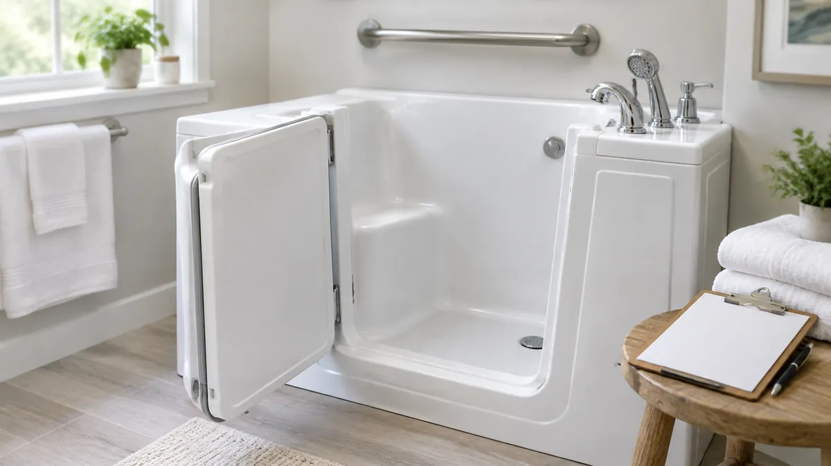 Does Medicare cover walk-in tubs A walk-in tub with its door open, a grab bar, folded towels and a clipboard with a blank quote, for a guide to Medicare coverage of walk-in tubs