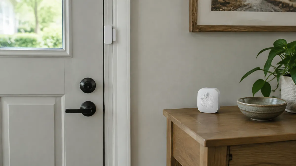 Door alarms for dementia patients Door contact sensor on a front door frame and a chime receiver on a hall table, illustrating a guide to door alarms for dementia patients