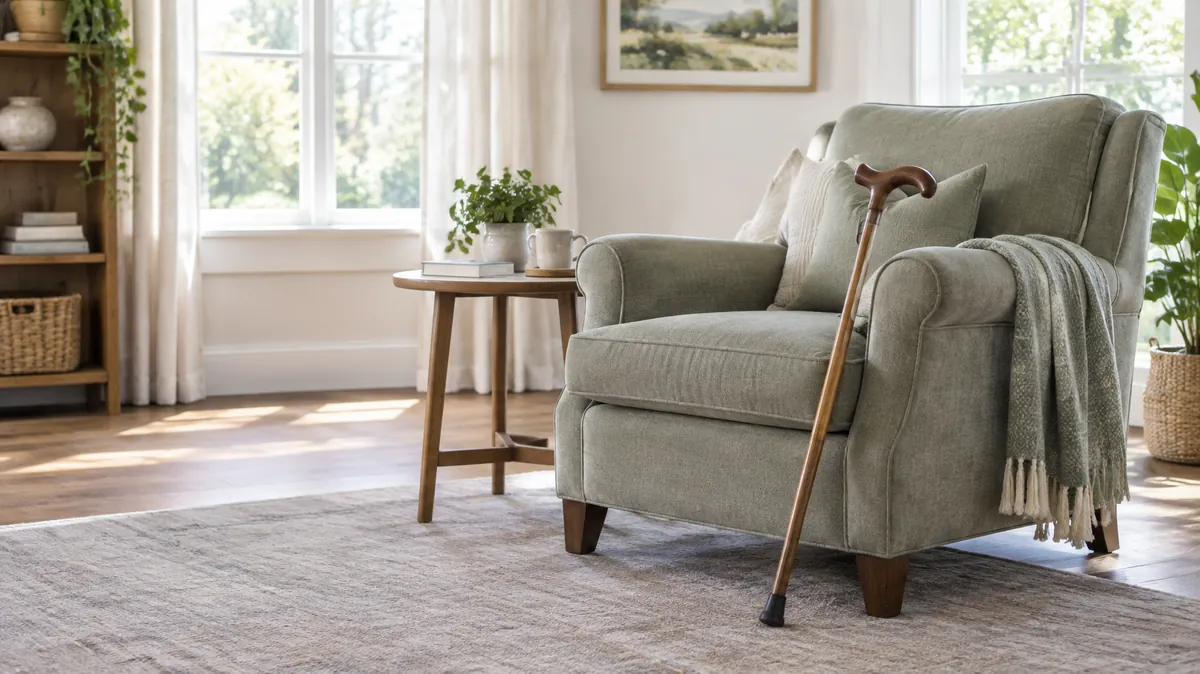 elderly parent keeps falling A wooden cane leaning against a sturdy armchair in a bright, uncluttered living room, the setting for an elderly parent who keeps falling