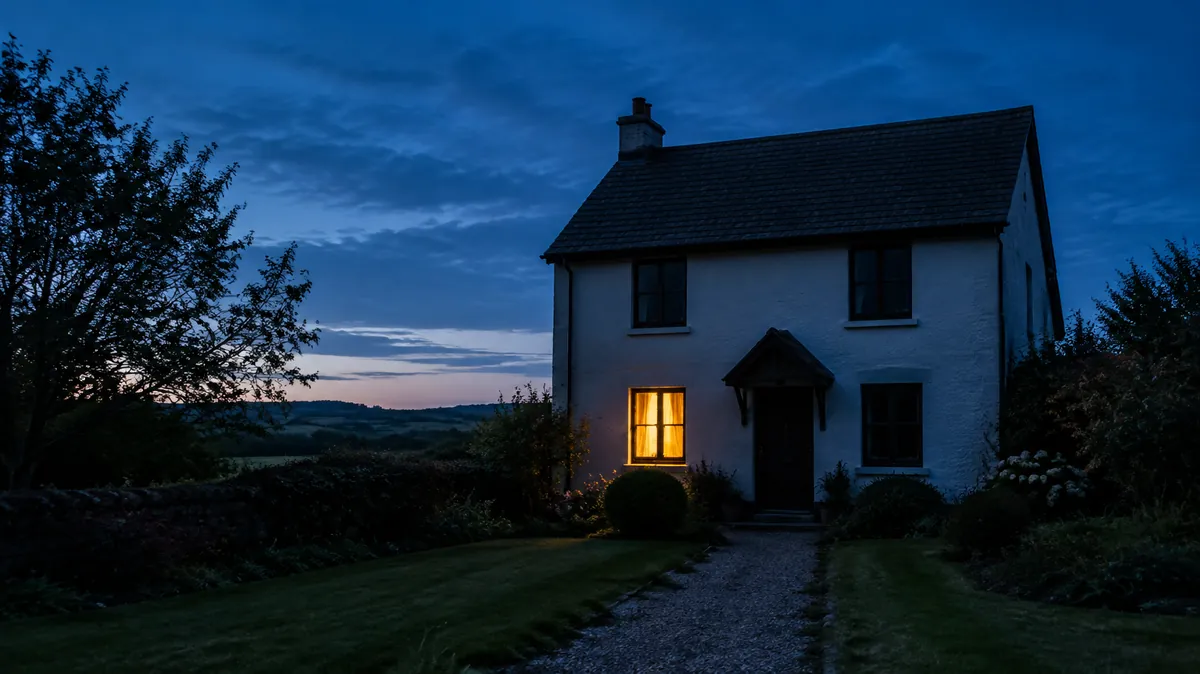 Elderly parent living alone Small house at dusk with a single lit window, illustrating a guide for an elderly parent living alone
