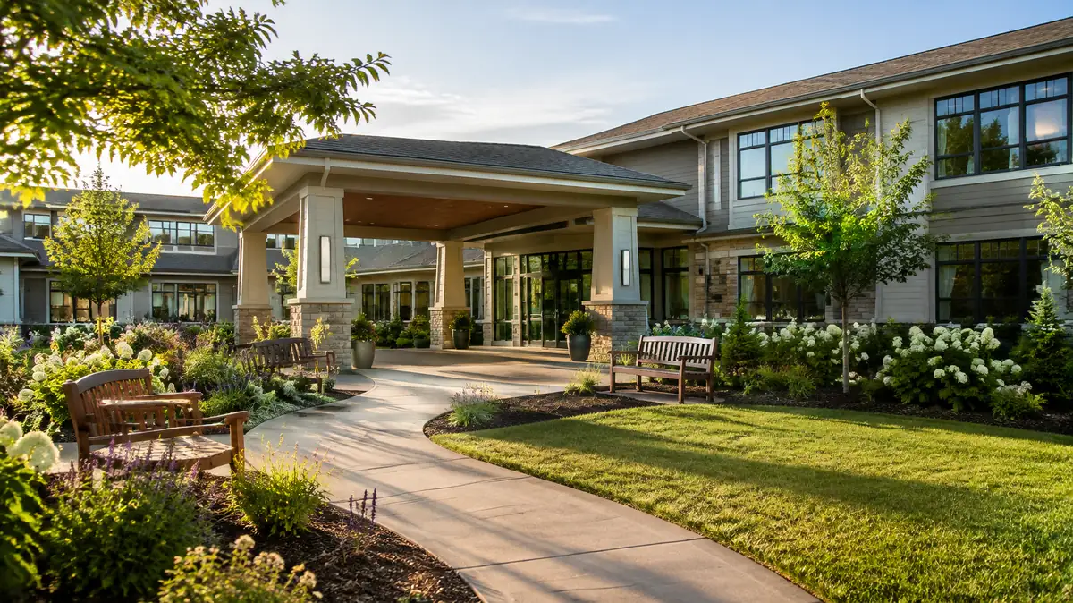 Welcoming assisted living community building with gardens and a covered entrance, illustrating a guide for when an elderly parent refuses assisted living