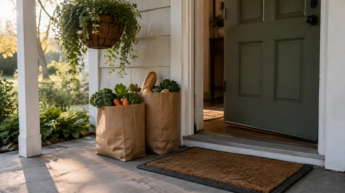 Elderly parent refuses help Front door slightly ajar with grocery bags left on the doorstep, illustrating a guide for when an elderly parent refuses help