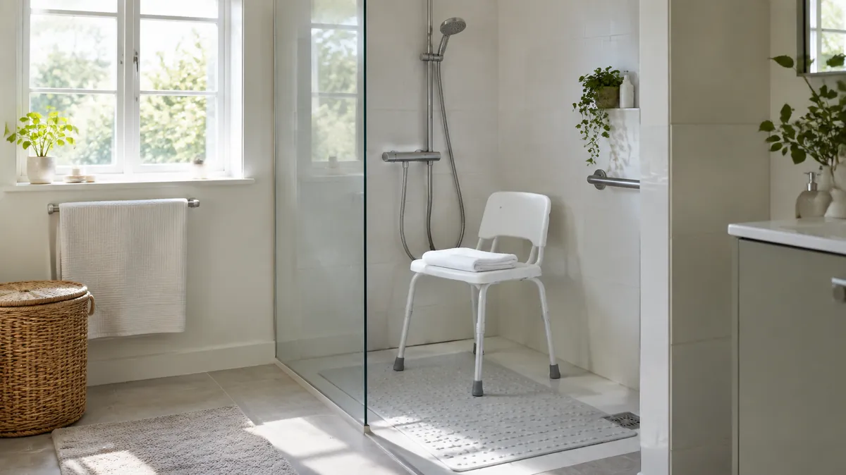 Elderly parent refuses to bathe Bathroom with a shower chair, handheld shower and non-slip mat, illustrating a guide for when an elderly parent refuses to bathe