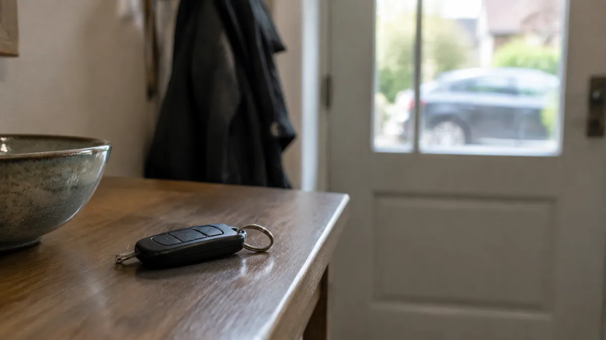 Elderly parent refuses to stop driving Car key fob on a hall table beside the front door, illustrating a guide for when an elderly parent refuses to stop driving