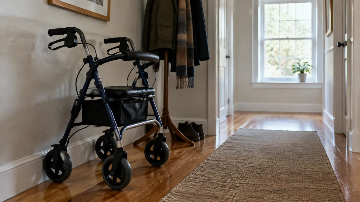 Folded four-wheeled walker standing unused in a home hallway, illustrating a guide for when an elderly parent refuses to use a walker