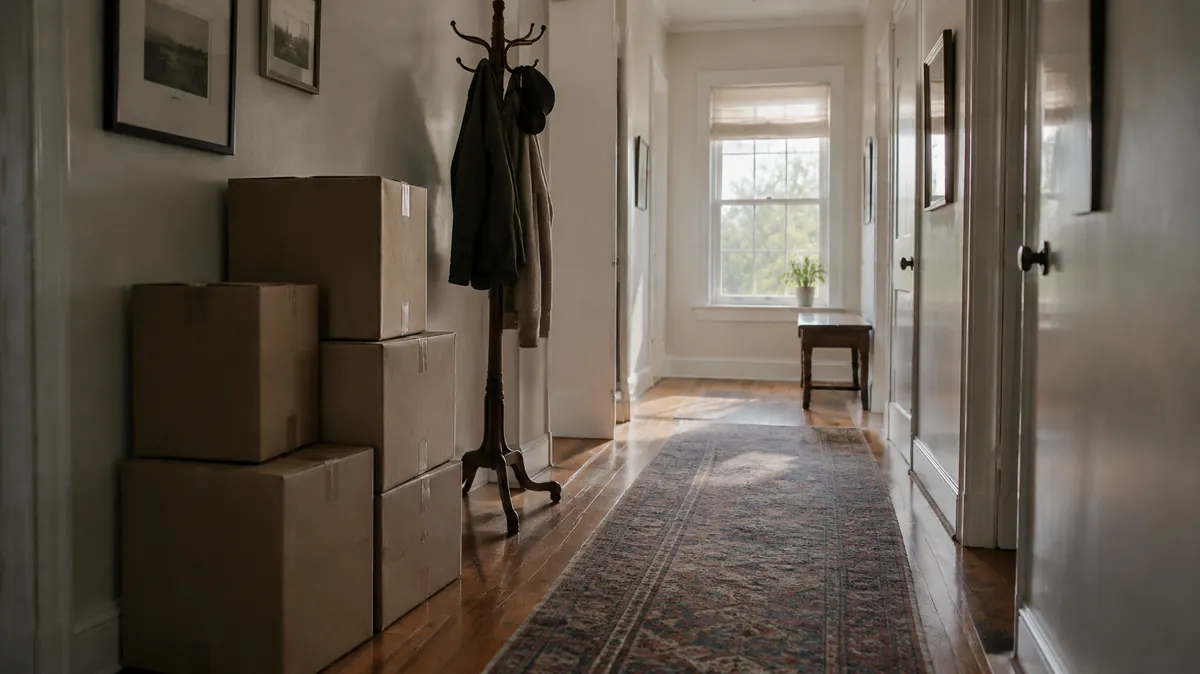 Elderly parents won't downsize Home hallway with stacked cardboard boxes, illustrating a guide for when elderly parents won't downsize