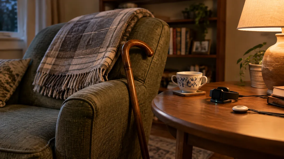 An armchair with a cane and blanket beside a lamp-lit table with a charging wrist fall detector and a pendant, for fall detection for a parent living alone