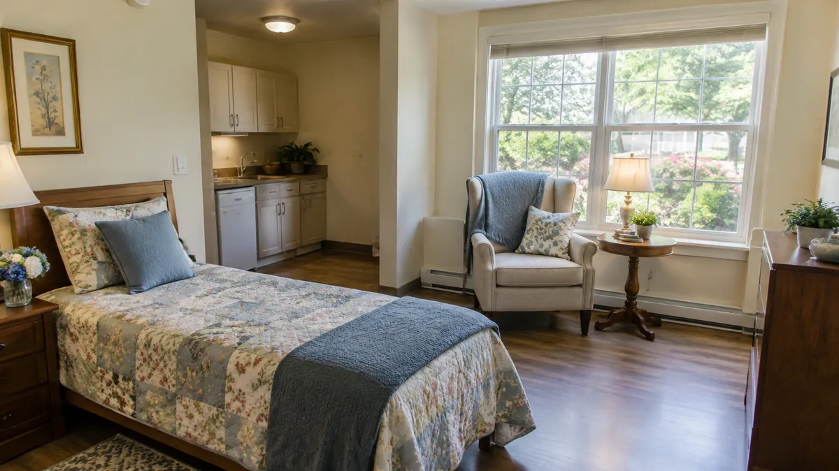 Home care vs assisted living Bright assisted living room with a bed, armchair and kitchenette, illustrating a guide to home care versus assisted living