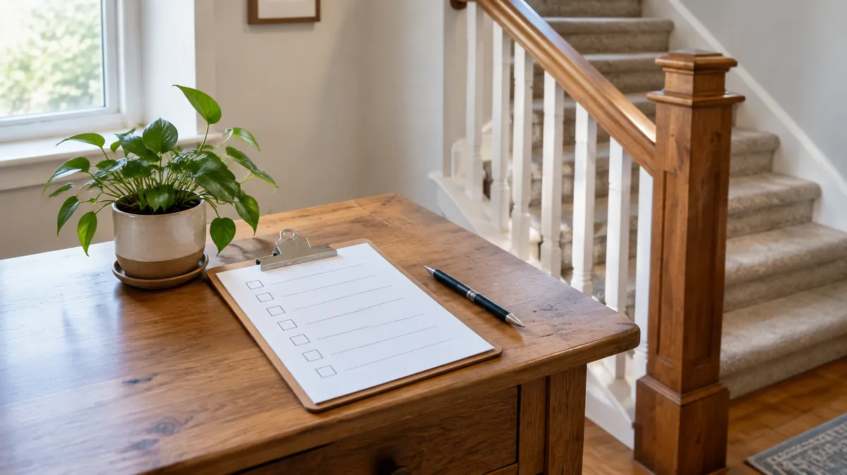 Home safety checklist Clipboard with a blank checklist on a hall table beside a staircase, illustrating a home safety checklist for aging parents