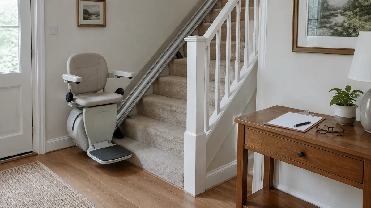 Help paying for a stairlift Stairlift at the bottom of a staircase beside a hall table with a clipboard of blank forms, illustrating a guide to getting help paying for a stairlift