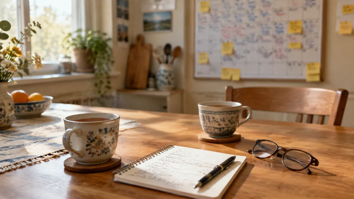 How to talk to an elderly parent about memory loss A kitchen table with two cups of tea, a notepad and glasses, and a wall calendar full of sticky notes, for talking to an elderly parent about memory loss