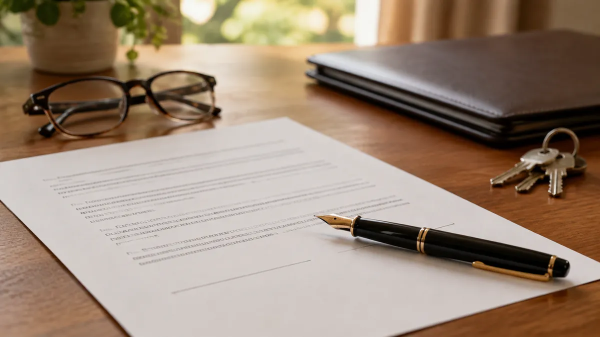 A document with a fountain pen on the signature line, reading glasses, a folder and keys on a desk, for talking to an elderly parent about power of attorney