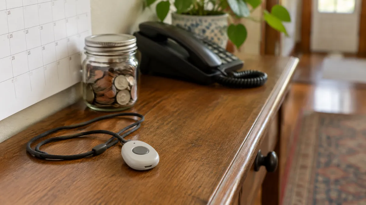 Medical alert system no monthly fee A medical alert pendant on a cord beside a jar of coins and a landline phone on a hall table, for a guide to medical alert systems with no monthly fee