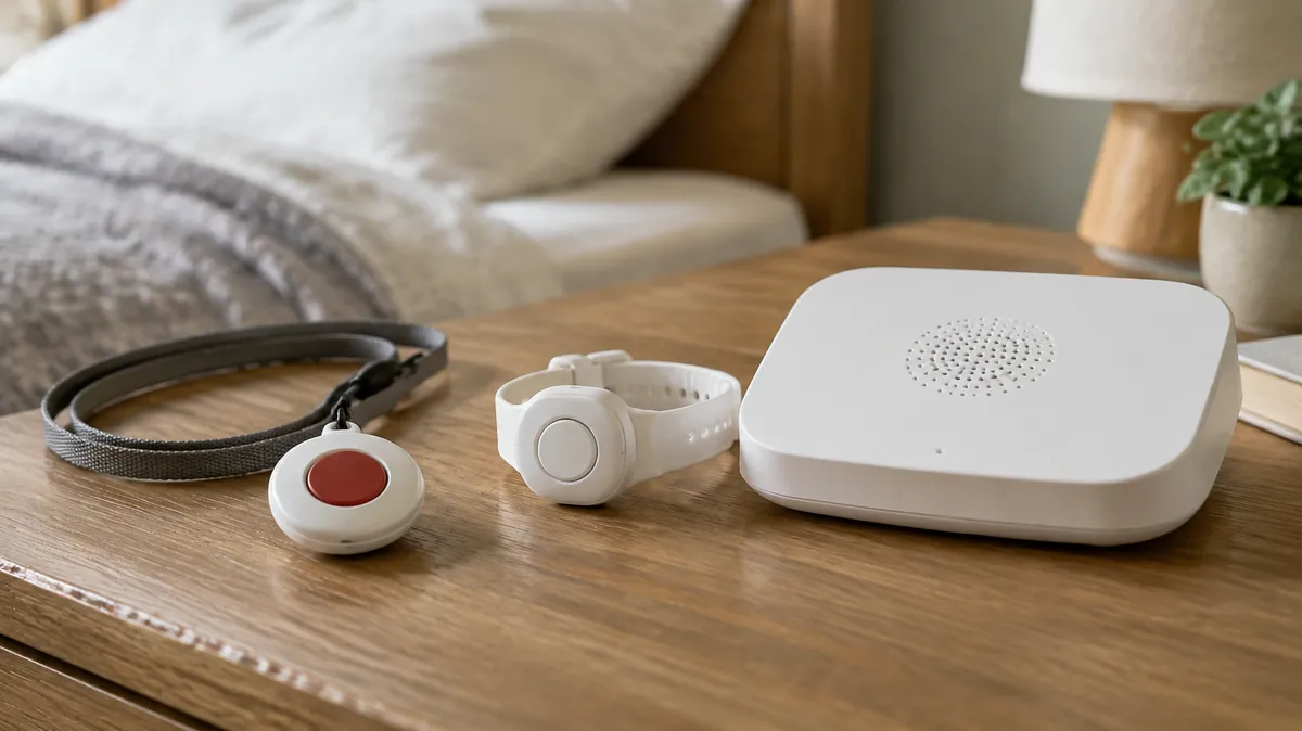 Medical alert systems compared Medical alert pendant, wrist button and base unit on a bedside table, illustrating a comparison of medical alert systems
