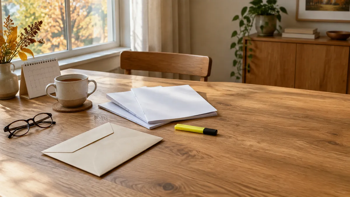 Medicare Advantage Annual Notice of Change An envelope, stapled booklets, a yellow highlighter, reading glasses and a mug of tea on a kitchen table, for a Medicare Advantage Annual Notice of Change