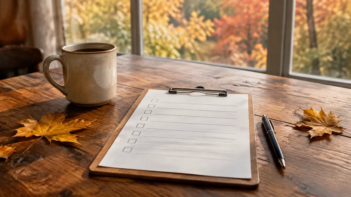 Medicare open enrollment checklist for caregivers Clipboard with a blank tick-box checklist beside a mug and autumn leaves, illustrating a Medicare open enrollment checklist for caregivers