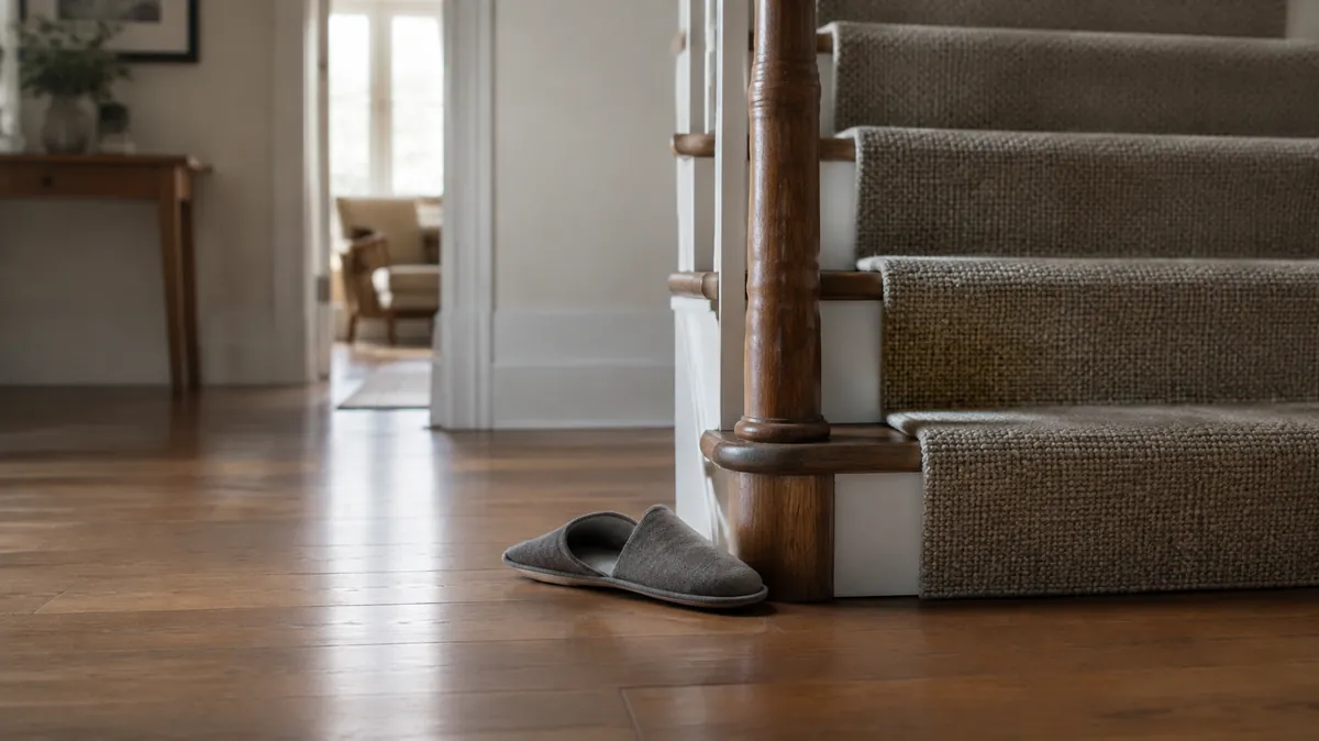 Older adult falls statistics A single slipper at the foot of a home staircase, illustrating statistics on falls among older adults