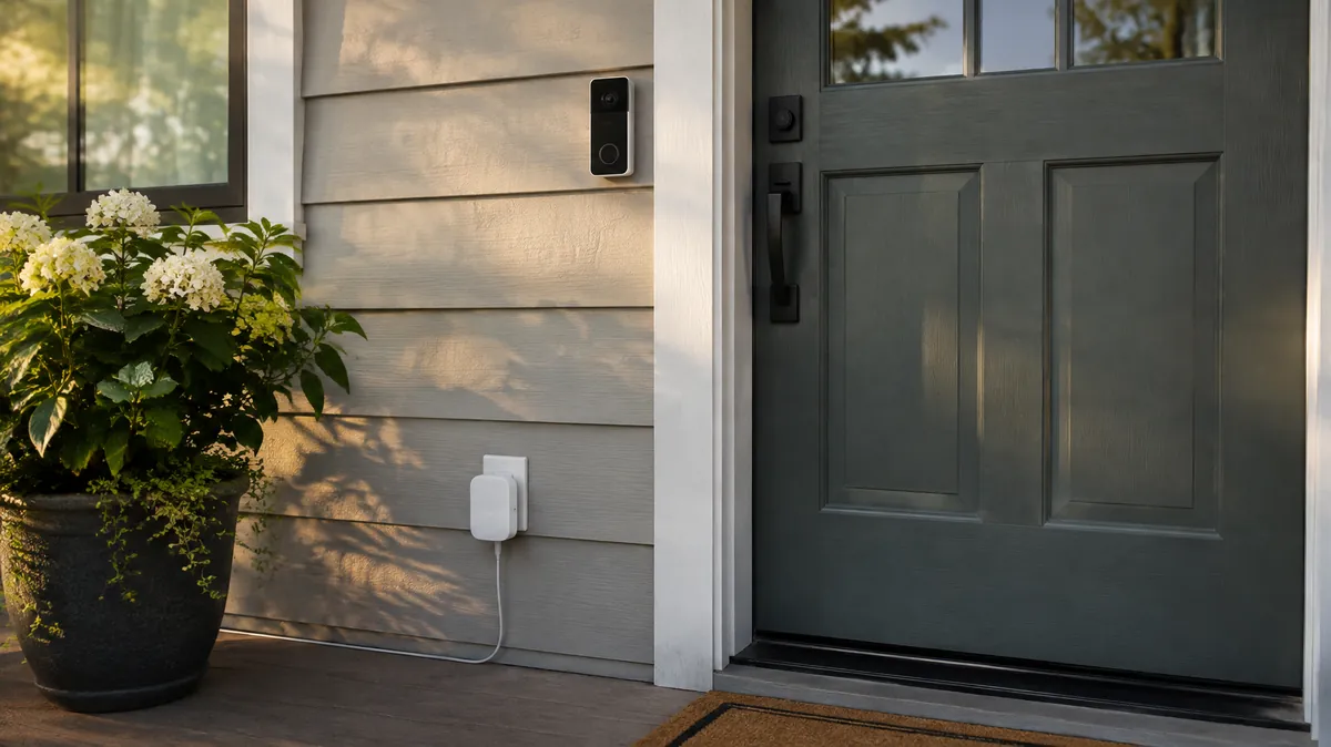 Video doorbell beside a front door and a smart plug on the porch wall, illustrating a guide to smart home devices for seniors