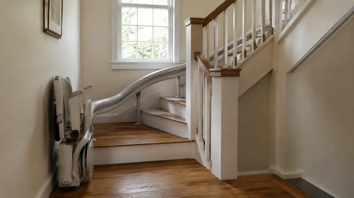 Stairlift for short stairs, landings and turns Curved stairlift rail around a staircase landing with the chair parked at the bottom, illustrating a guide to stairlifts for short stairs, landings and turns