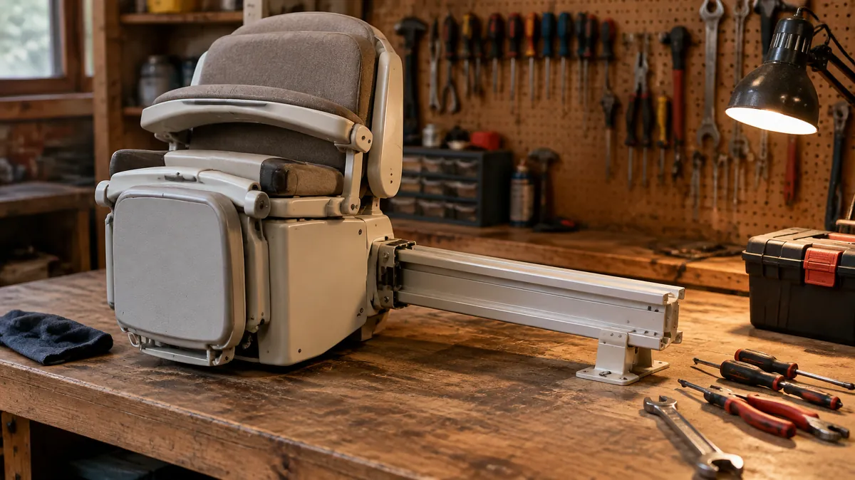 Used and refurbished stairlifts Stairlift unit and rail section on a workshop bench with tools, illustrating a guide to used and refurbished stairlifts
