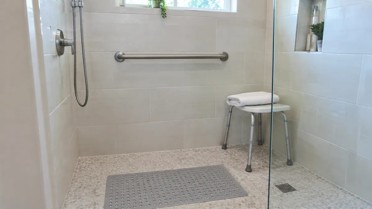 safe shower setup for elderly A walk-in shower with a grab bar, a non-slip mat and a folded towel on a stool, a safe shower setup for an elderly parent