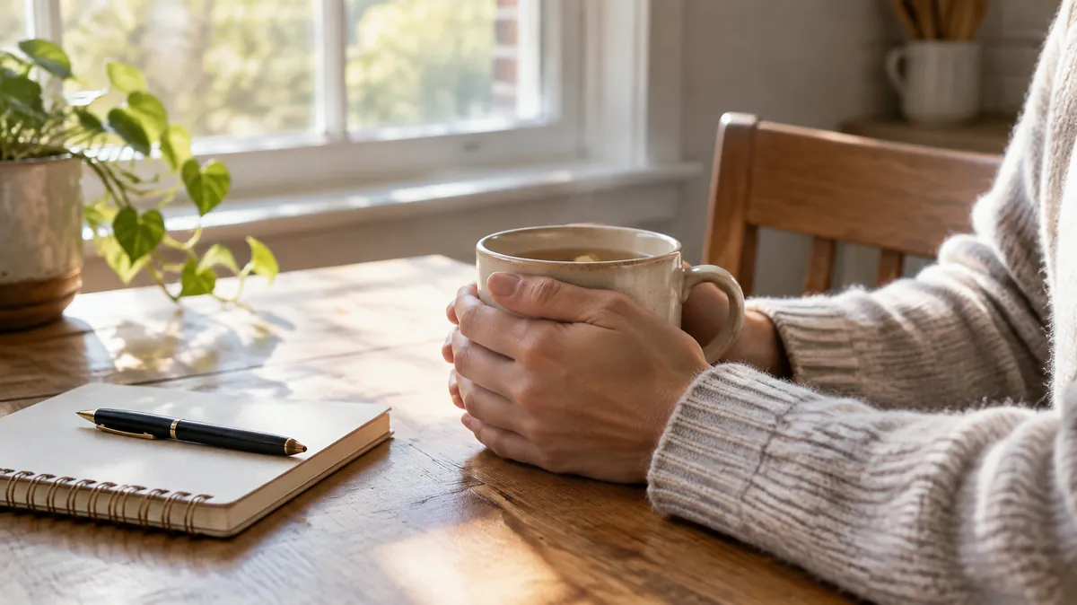 A caregiver's hands wrapped around a mug of tea beside a notebook and pen at a kitchen table, a quiet moment for caregiver burnout