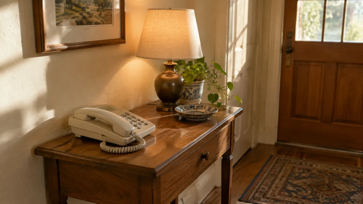 elderly parent living alone check in A corded telephone and a small lamp on a hall table, an everyday way to check in on an elderly parent living alone