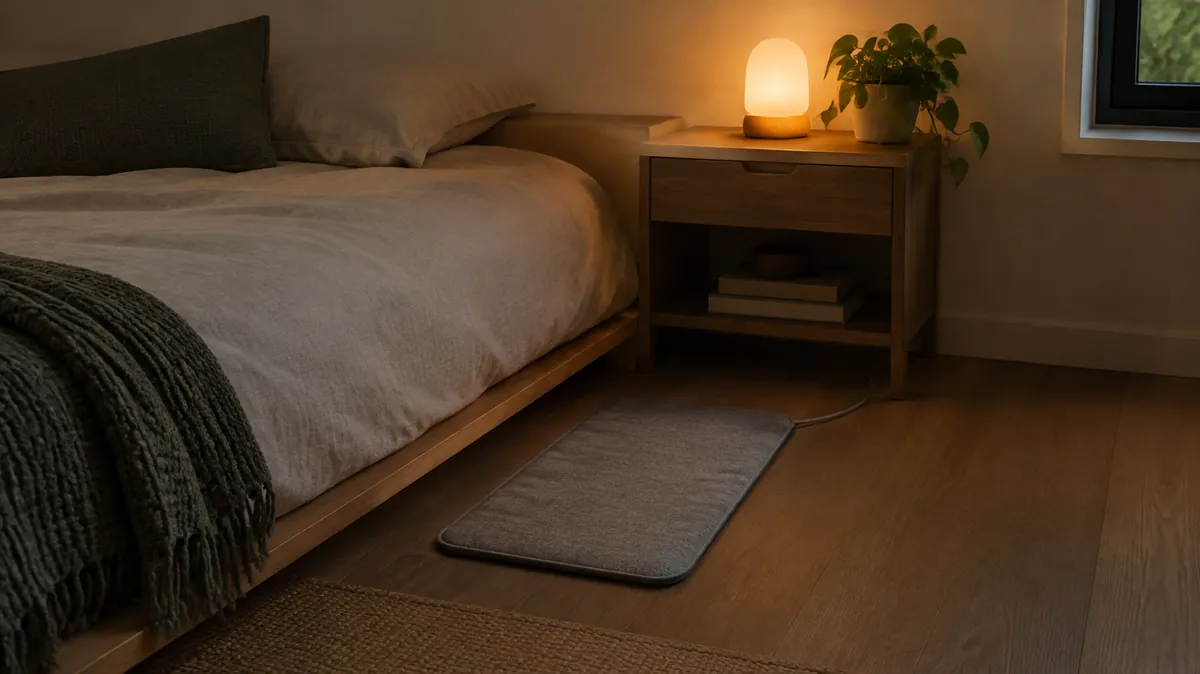 bed alarm floor mat A low bed with a floor mat alarm beside it and a night light on, one type of bed alarm for elderly parents
