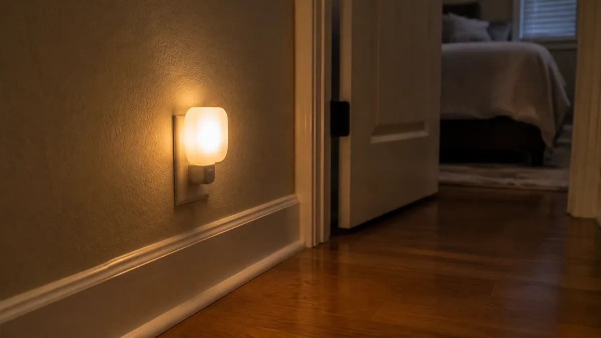 A small plug-in night light glowing at the base of a hallway wall beside a bedroom door, a night light for dementia