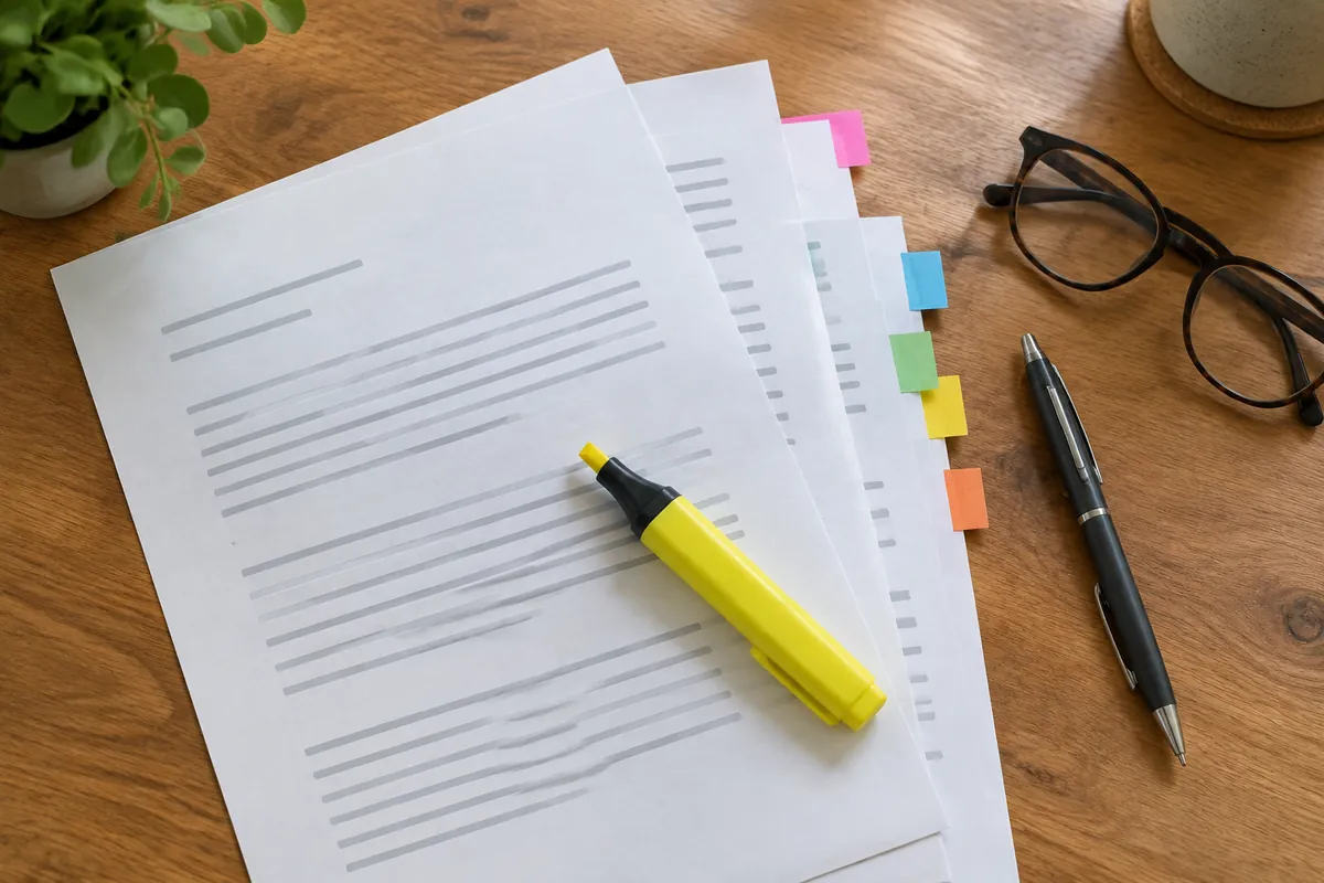 how to read Medicare Annual Notice of Change Blank paper pages with sticky index tabs, a yellow highlighter and reading glasses on a wooden table, marking the changes in a Medicare Annual Notice of Change