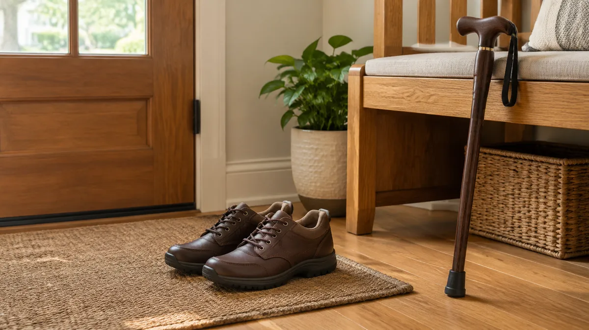 safe shoes for elderly to prevent falls Sturdy lace-up shoes with non-slip soles on a mat beside an entry bench with a cane, safe footwear for an elderly parent who keeps falling