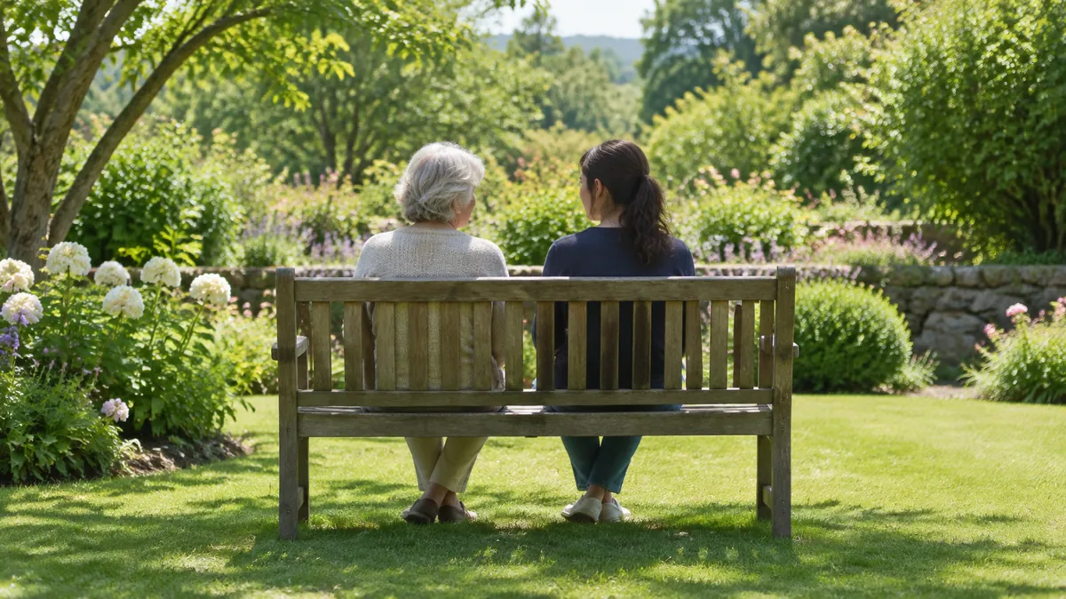 home care vs assisted living An older woman and a younger woman seen from behind, sitting side by side on a garden bench and talking, weighing home care vs assisted living